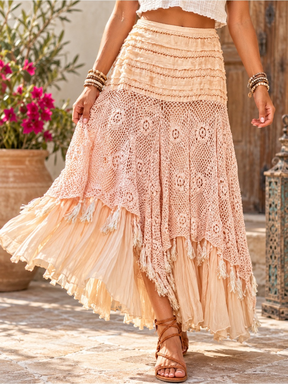 Chaudry KC Boho Crochet Lace Tiered Midi Skirt Blush Size S